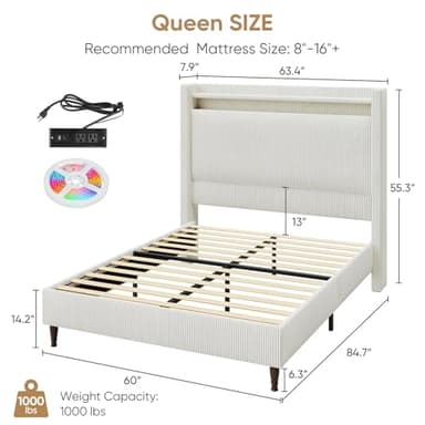 Queen Bed Frame with Tall Headboard, 55.3" Upholstered Platform Bed Frame with LED Lights & Charging Station, Elegant Corduroy Bed Frames/Wingback Headboard, No Box Spring Needed,Easy Assembly, Cream - Image 2