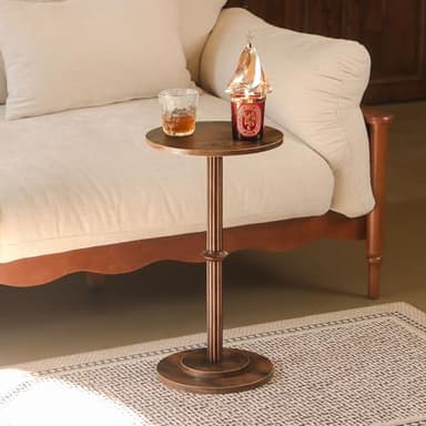 MaxSmeo Drink Table, Small Side Table for Small Spaces, Modern Round End Table with Fluted Wood Leg, Rustic Brown - Image 2