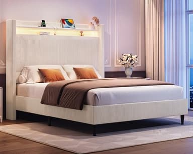Queen Bed Frame with Tall Headboard, 55.3" Upholstered Platform Bed Frame with LED Lights & Charging Station, Elegant Corduroy Bed Frames/Wingback Headboard, No Box Spring Needed,Easy Assembly, Cream - Image 3