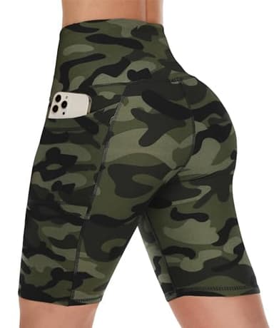 CAMPSNAIL Biker Shorts Women with Pockets - 3"/5"/8" High Waisted Workout Spandex Tummy Control Gym Running Yoga Shorts Green Camo - Image 1