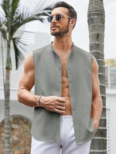 hawalili Men's Button Down Sleeveless Shirts Summer Beach Tank Tops Casual Textured Tank T-Shirt Dark Gray - Image 6