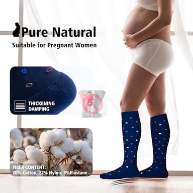 LEVSOX Cotton Compression Socks for Women&Men 20-30 mmHg Knee High Cute Fun Crazy Support Sock for Nurses, Travel and Flight, Pregnancy, 2 Pairs, Black and Navy Blue Polkadot - Image 4