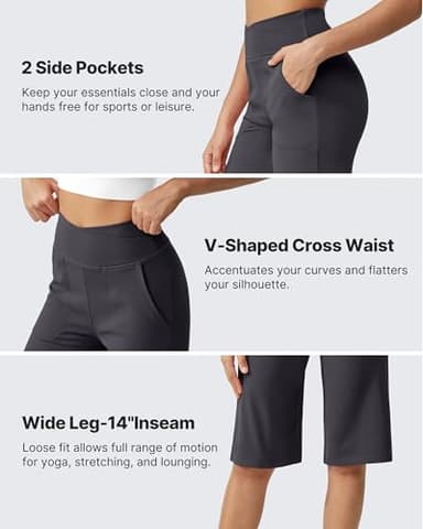 G4Free Yoga Pants Women Wide Leg Capris with Pockets Loose Crop Pants Knee Length Capri Leggings Tummy Control Workout Pants(Deep Grey,L,14") - Image 3