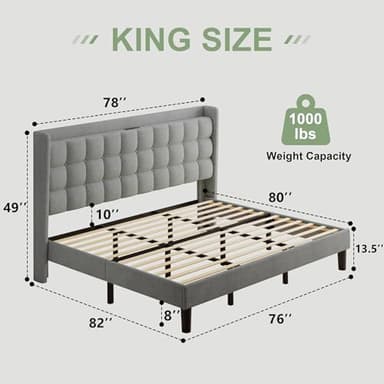 Feonase King Size Bed Frame with Charging Station, Upholstered Platform Bed with Wingback Storage Headboard, No Box Spring Needed, Noise-Free, Light Gray - Image 2