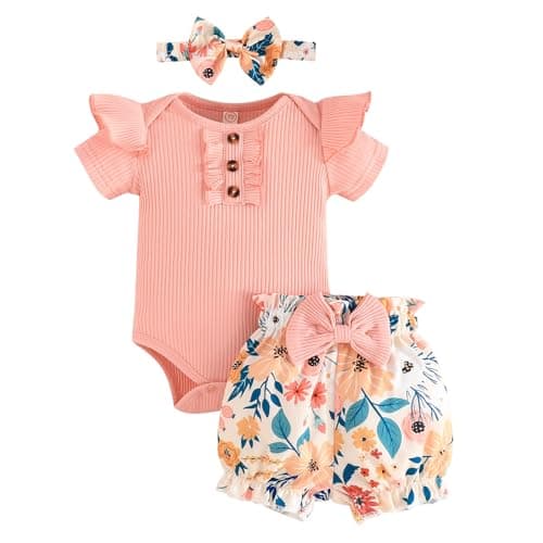 GDTOGRT Baby Girl Clothes 3-6 Months Newborn Infant Outfit Ruffle Romper Short Pants Clothing Sets for Summer Spring - Pink - Image 1