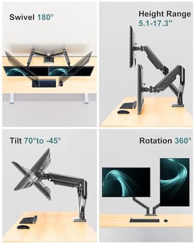 Dual Monitor Arm Desk Mount Fits 13 to 32 inch Computer Screens, Holds 4.4 to 22lbs Display VESA Mount, Adjustable Double Monitor Stand with Clamp/Grommet Base, 75/100mm Bracket, Black, Freelift - Image 3