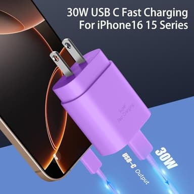 Phone 17 16 15 Charger Fast Charging,30W USB C Phone 17 16 15 Pro Max Charger Block &6.6FT Long Type C Cable Cord for Phone 17/17 Air/17 Pro/17 Pro Max/16/16 Plus/16Pro/16 Pro Max/15/15 Pro Max,Purple - Image 3