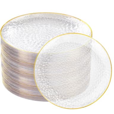 Rubtlamp 100 Pcs Gold Plastic Plates - 10 inch Clear Gold Dinner Plates - Hammer Pattern Design - Fancy Disposable Plate - Heavy Duty Party Plate Ideal for Wedding - Image 1