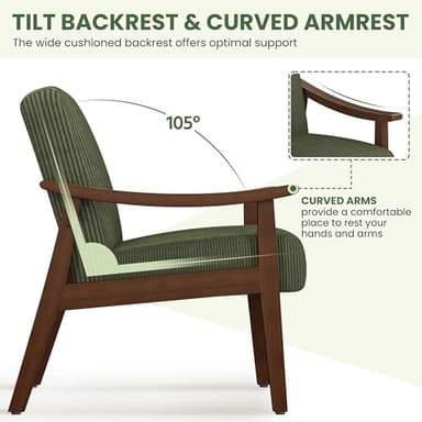 Yaheetech Corduroy Accent Chair, Mid-Century Modern Armchair with Solid Wood Legs, Reading Leisure Chair with High Back for Living Room Bedroom Waiting Room, Set of 2, Dark Green - Image 8