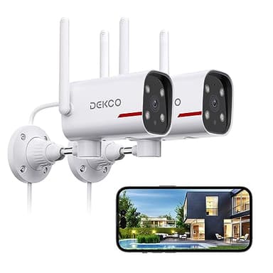 DEKCO 2 Pack Outdoor Security Camera with 2K Color Night Vision, Pan Rotating 180° Wired WiFi Camera Support 24/7 Recording, 2.4GHz WiFi, AI Human Auto Tracking, Work with Alexa/Google Assistant - Image 1