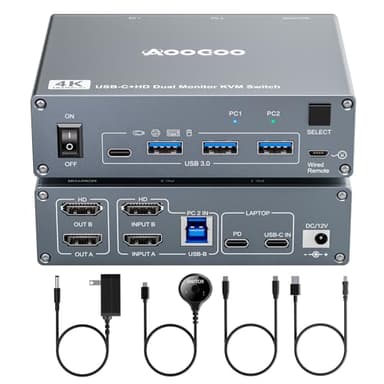 USB C KVM Switch 4K@60Hz,Dual Monitor USB C HDMI KVM Switch for 1 PC and 1 Laptop Sharing 2 Monitor and 4 USB3.0 Devices, PD Power for Laptop with Wired Remote Control and USB Cables Included - Image 1