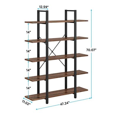 Tribesigns 5-Tier Bookshelf, Vintage Industrial Style Bookcase 72 H x 12 W x 47L Inches - Image 2