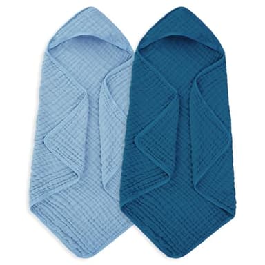 MIGIOL Muslin Hooded Baby Towels 100% Cotton ，Super Soft Muslin Baby Bath Towel - 32 x 32 Inches, Suitable for Newborn and Young Children up to 3 Years Old. (Light Blue & Dark Blue) - Image 1