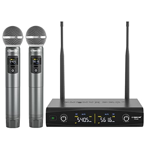 Phenyx Pro Wireless Microphone System, Metal Wireless Mic Set, Handheld Cordless Dynamic Microphones for Singing, Karaoke, Church, 2x30 UHF Tunable Frequencies,200 ft Range (PTU-52-2H)