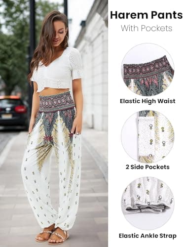 QIANXIZHAN Women's Harem Pants, High Waist Yoga Boho Trousers with Pockets White M - Image 3