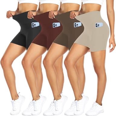 FULLSOFT 4 Pack Biker Shorts for Women – 5" High Waist Tummy Control Workout Yoga Running Compression Exercise Shorts with Pockets(4 Pack Black/Deep Red/Mocha/Khaki,Small-Medium) - Image 1