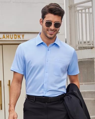 Alimens & Gentle Mens Short Sleeve Dress Shirts Wrinkle Free Solid Casual Button Down Shirts with Pocket, Light Blue, 4X-Large - Image 2
