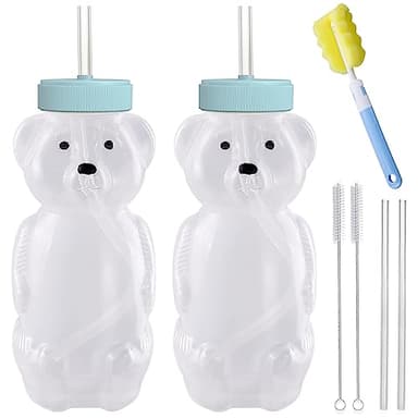 Honey Bear Straw Cups, Juice Bear Bottle Drinking Cup Long Straws with 4 Flexible Straws & Cleaning Tools, 8-Ounce Therapy Sippy Bottles for Speech and Feeding Training, Food-Grade & BPA Free 2 Pack - Image 1