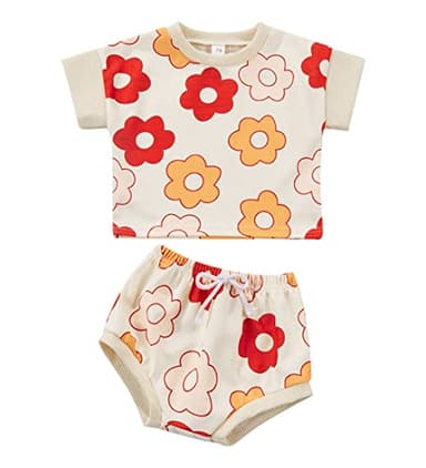LIOMENGZI Baby Girl Shorts Outfit Flower Print Tank Top Drawstring Bloomer Set Toddler Girl Summer Clothes (Orange, 12-18 Months) - Image 1