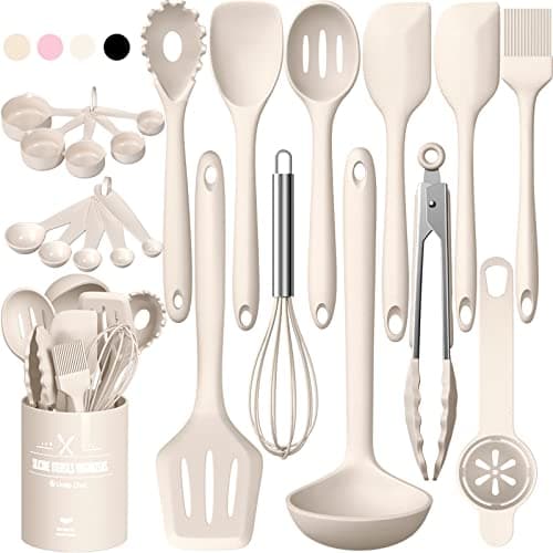 Silicone Kitchen Cooking Utensils Set, Umite Chef 22Pcs Heat Resistant Kitchen Utensils, Spatula, Spoon, Whisk, Dishwasher Safe Kitchen Utensil Gadgets Tools Set for Nonstick Cookware(Khaki) - Image 1