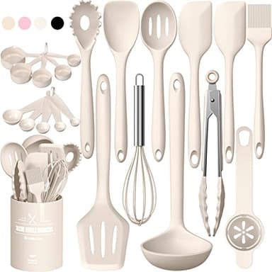 Silicone Kitchen Cooking Utensils Set, Umite Chef 22Pcs Heat Resistant Kitchen Utensils, Spatula, Spoon, Whisk, Dishwasher Safe Kitchen Utensil Gadgets Tools Set for Nonstick Cookware(Khaki) - Image 1