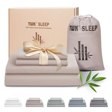 TWK Luxury Sheet Set, Genuine 100% Organic Viscose Derived from Bamboo, Cooling & Breathable, Silky Soft, Bedding Sheets & Pillowcases(Sand Queen(60 * 80 * 15)) - Image 1