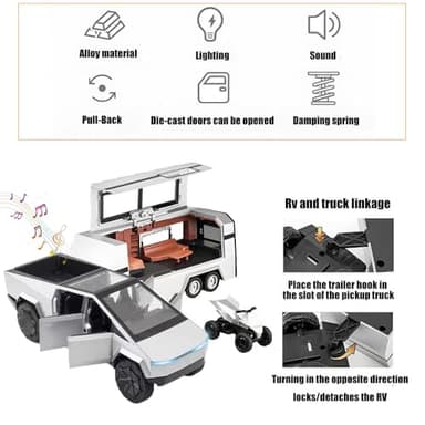 Toy Car Alloy Diecast Truck Model with Motorcycle ATV RV with Sound and Light Eddect Race Car Display Model 1/32 Metal Vehicle 3-in-1 Camping Car Set Ideal Gift for Kid Age for 3+(Silver) - Image 2