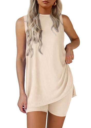 PRETTYGARDEN 2 Piece Sets for Women 2025 Summer Matching Lounge Shorts Set Resort Airport Travel Loungewear Outfits Clothing (Beige,Medium) - Image 1