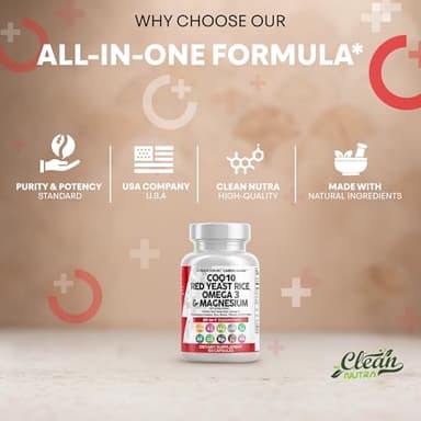 Clean Nutraceuticals COQ10 200mg Red Yeast Rice Omega 3 Magnesium Complex 500mg Niacin Zinc Vitamin K2 D3 - Heart Support Vitamins for Women & Men w/Vitamin B3, Coenzyme Q10-60 Ct - Image 7