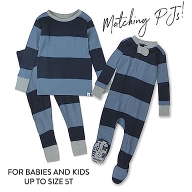 HonestBaby Boys Organic Cotton 2-Piece Snug Fit Pajama Set, Rugby Stripe Navy, 3T - Image 4