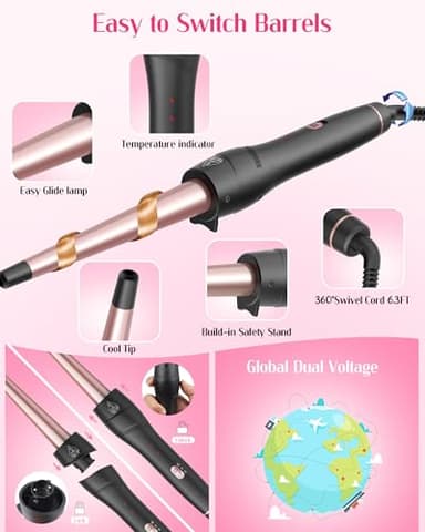 ANIEKIN 5 in 1 Curling Iron Set, Fast Heat Up Curling Wand from 3/8 to 1 1/4 Inch and a Thermal Brush Come with, Dual Voltage Hair Curler for Women All Hair Types and Travel Use, Gifts for Women - Image 6
