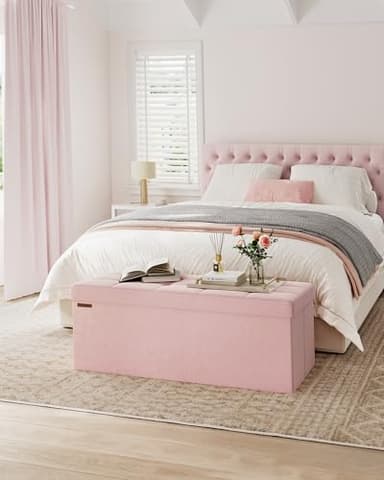 SONGMICS Mazie Collection - Storage Ottoman Bench, Foldable Foot Rest, 15 x 43 x 15 Inches, End of Bed Bench, Storage Chest, Load 660 lb, Living Room, Bedroom, Entryway, Jelly Pink ULSF277R01 - Image 2