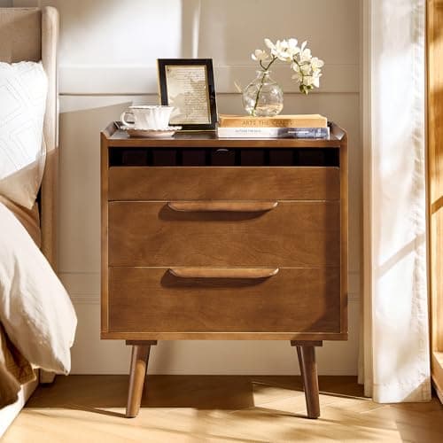 HULALA HOME Nightstand with Charging Station, Mid-Century Modern 2 Drawer and Open Shelf Bedside Tables, Wood Night Stand with USB Ports and Outlets for Bedroom, Acorn - Image 1