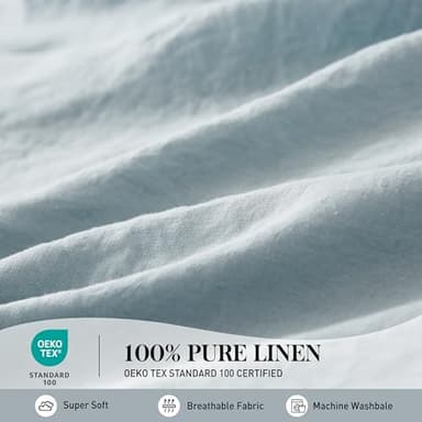 Simple&Opulence 100% Pure Linen Sheet Set Queen Size, Natural French Flax Solid Color 4 Pcs Washed Breathable, Farmhouse Bedding (1 Flat Sheet,1 Fitted Sheet,2 Pillowcases)-Embroidery Dusty Blue - Image 2