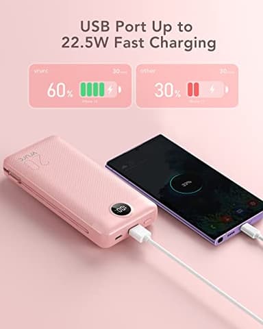 VRURC Portable Charger 20000mAh, Fast Charging Power Bank USB C,4 Output 2 Input Travel Essentials Charging Bank Equipped with LED Display,Built-in Wall Plug and Cables,Phone Charger Battery,Pink - Image 3