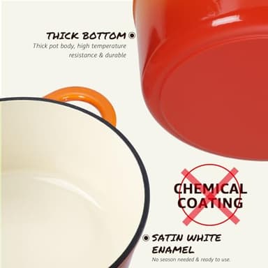 Overmont Enameled Cast Iron Dutch Oven - 5.5QT Pot with Lid Cookbook & Cotton Potholders - Heavy-Duty Cookware for Braising, Stews, Roasting, Bread Baking orange - Image 9