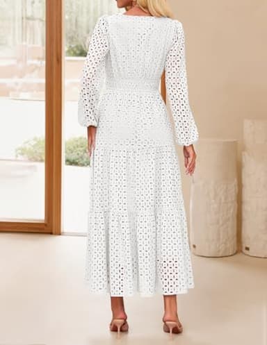 ZESICA Women's 2025 Fall Long Sleeve Maxi Dress V Neck Hollow Out Eyelet A Line Long Flowy Casual Party Dresses White Medium - Image 4