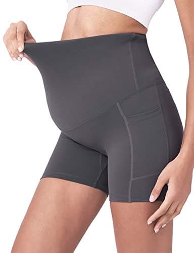 POSHDIVAH 2 Pcs Black Grey Women's Maternity Yoga Shorts Over The Belly Bump Summer Workout Running Active Short Pants with Pockets 5" Small - Image 3