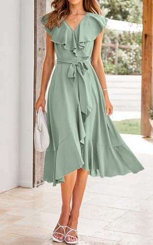 PRETTYGARDEN Short Sleeve Wrap V Neck Ruffle Summer Dress for Women Wedding Guest Dresses for Women 2025 Satin Midi Dresses (Light Green,XX-Large) - Image 2