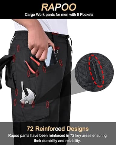 Rapoo Cargo Pants for Men Hiking Work Tactical Military Army Casual Pants for Men with Pockets Water Resistant Mens Ripstop Construction Carpenter Outdoor Pants Outdoor Black 40Wx30L - Image 2