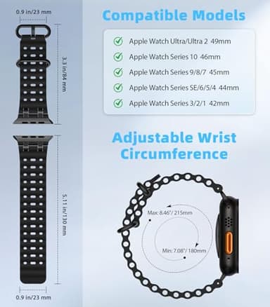 MoKo Ocean Band Compatible with Apple Watch Ultra 3/2/1 49mm, Upgraded Silicone Sports Bands 46mm 45mm 44mm for Men Women, Series 11/10/9/8/7/6/5 SE3/2/1 Breathable Strap with Metal Connector, A-Bk/Bk - Image 2