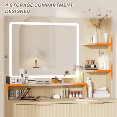 IKALIFE Fluted Makeup Vanity Desk with Mirror and Lights, 3 Color Modes & Adjustable Brightness Dressing Table, Small Vanity Table Set with 2 Drawers & Storage Shelves for Bedroom, Oak 31.5" - Image 6