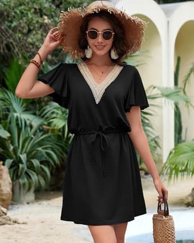 Charmo Swim Cover up for Women Ruffle Drawstring Elastic Swimwear Sundress Beach V Neck Bathing Suit Cover Up Black L - Image 6