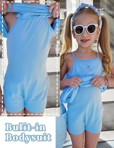 Arshiner Girls Dress with Shorts Casual Summer Spaghetti Straps One Piece Romper Dresses with Pockets for Kid 5-15 Y Light Blue - Image 6