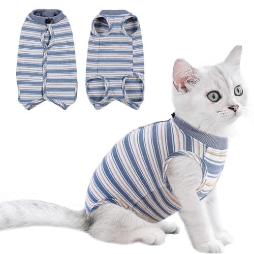 Queenmore Cat Recovery Suit,Cat Suit for Cats After Surgery Female,Featured Striped Post-Surgery Bodysuit,Cat Surgery Recovery Suit Female Cone of Shame Alternative for Cats Anti Licking (Blue,S) - Image 1