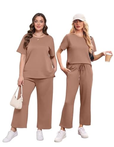 XIEERDUO Woman Lounge Sets Casual Summer Two Piece Travel Outfits Spring Fashion Short Sleeve Tracksuit Wide Leg Loungewear Beach Vacation Clothes Airport Clothing Women's Resort Wear Brown S - Image 3