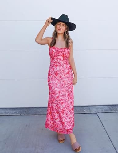 ZESICA Womens Summer Floral Spaghetti Straps Maxi Dress 2025 Sleeveless Square Neck Bodycon Beach Boho Long Dresses,Rose,Medium - Image 5