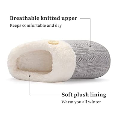 Chantomoo Womens Slipper Warm Comfy Memory Foam House Slippers Knitted Shoes Faux Fur Lined Anti-Skid Rubber Sole Bedroom Cozy Indoor Outdoor Slippers Lihgt Grey Size7 8 6.5 - Image 3