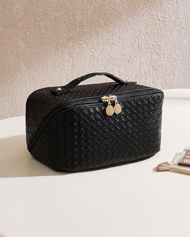 EACHY Travel Makeup Bag, Large Capacity Cosmetic Bags for Women, Waterproof Portable Open Flat Toiletry Bag Make up Bag with Divider and Handle (LB-Black, Large) - Image 6