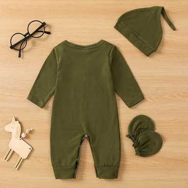 GRNSHTS Newborn Baby Boy Romper Coming Home Outfits Letter Print Bodysuit Jumpsuit+Hat+Gloves 3PCS Clothes Set (Army Green, Newborn) - Image 3